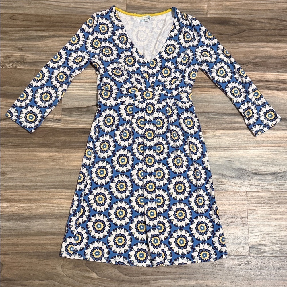 Boden Womens Anna Jersey Midi Dress Blue Floral Mandala Sz. 2 V-neck 3/4 Sleeve